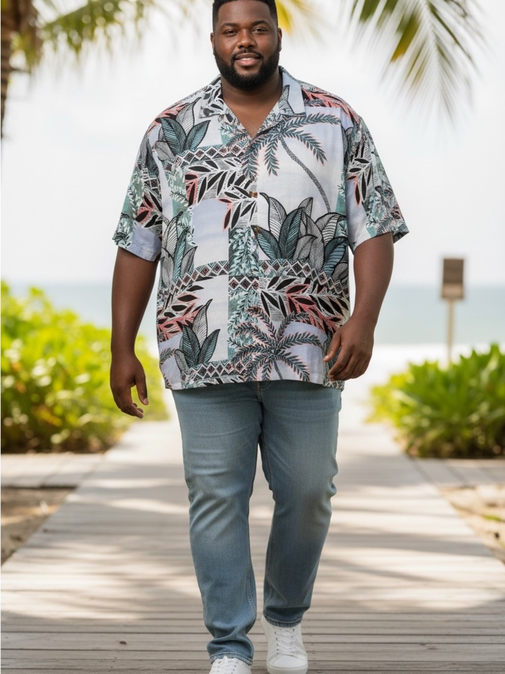 Caribbean Roundtree & Yorke Men's 2XB Hawaiian Camp Shirt Short Sleeve Palm Leaf